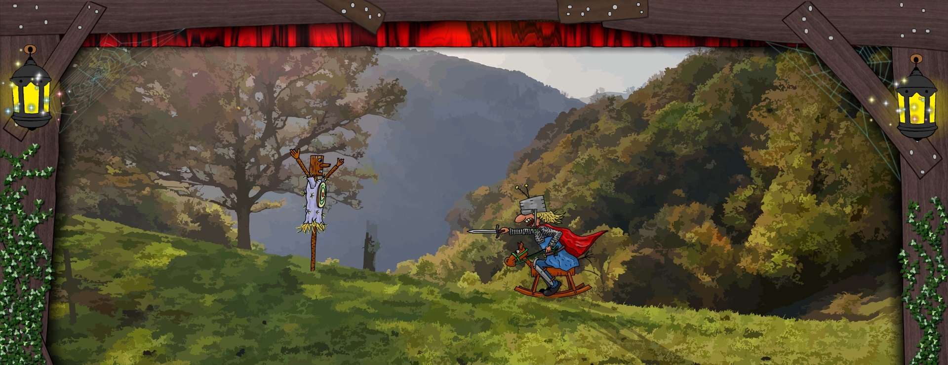 Bannerbild - Ein Ritter auf einem Schaukelpferd auf einer Waldlichtung